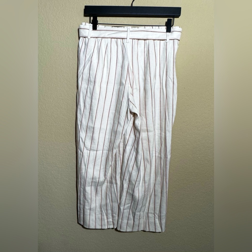 J.Jill Linen Stretch Cream Striped Pull On Wide Leg Cropped Pants Sz SP Belted
